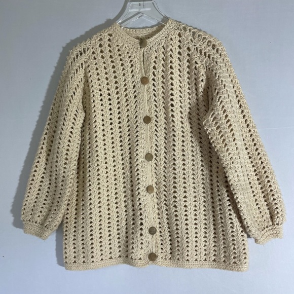 Vintage Sweaters - VINTAGE Open Knit Crochet Cardigan Wood Buttons Cream Medium